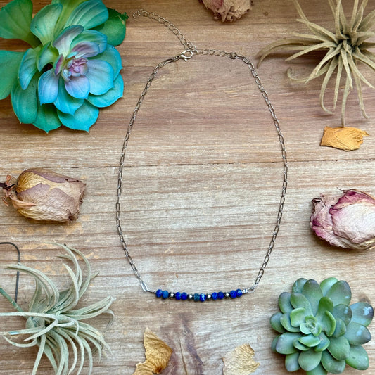 Faceted Lapis & Sterling Silver Pearl Paperclip Necklace