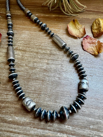 Graduated Barrel Bead Necklace – 24 Inch – Sterling Silver Saucer & Barrel Beads