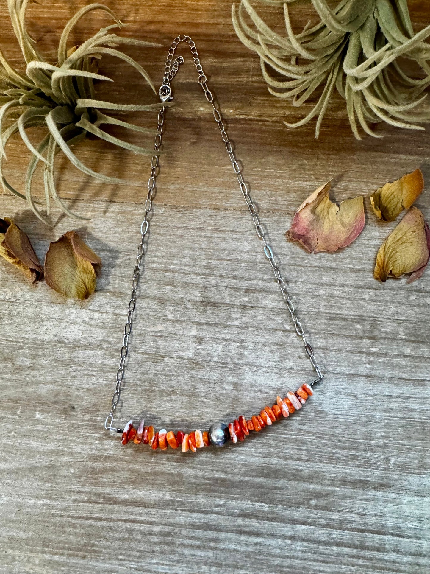 Paperclip Chain Necklace – Spiny Oyster Chip & Sterling Silver Pearl