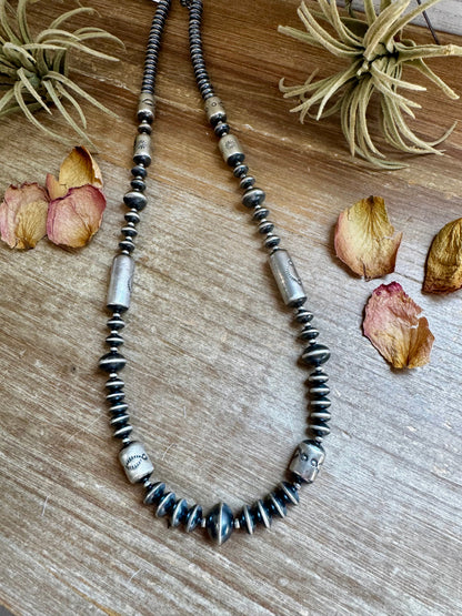 Graduated Barrel Bead Necklace – 24 Inch – Sterling Silver Saucer & Barrel Beads