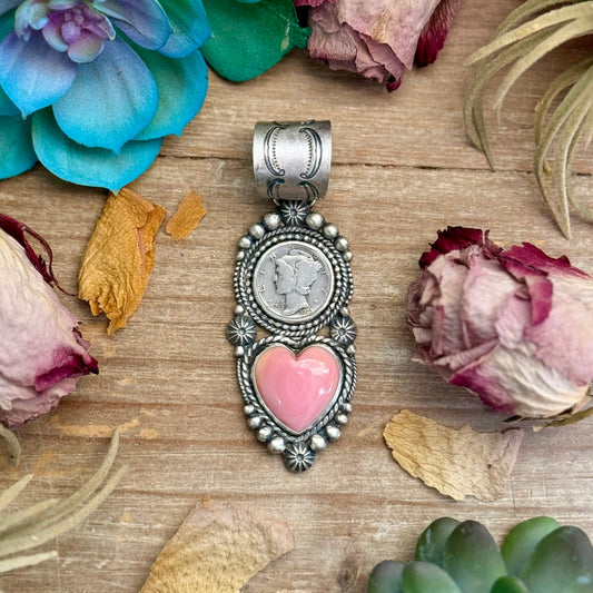 75 - Sterling Silver Pink Conch & Mercury Dime Pendant by Shay Pfeiffer