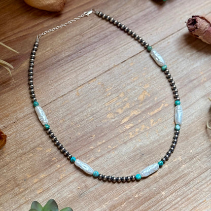 18-Inch Turquoise, White Freshwater Pearl Necklace