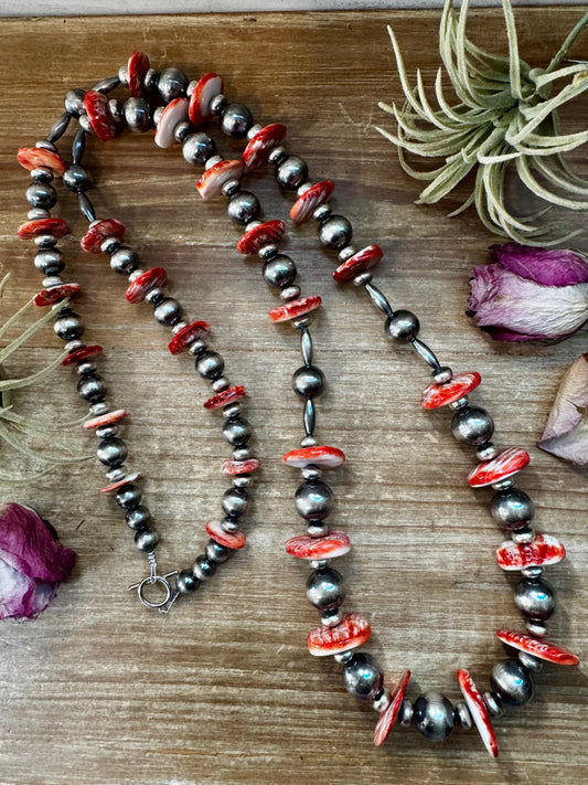 NFR Collection Necklace – Graduated Spiny Oyster & Sterling Silver Pearls 45"