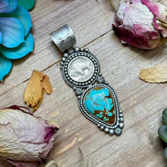 72 - Sterling Silver Mine #8 Turquoise & Buffalo Nickel Pendant by Shay Pfeiffer