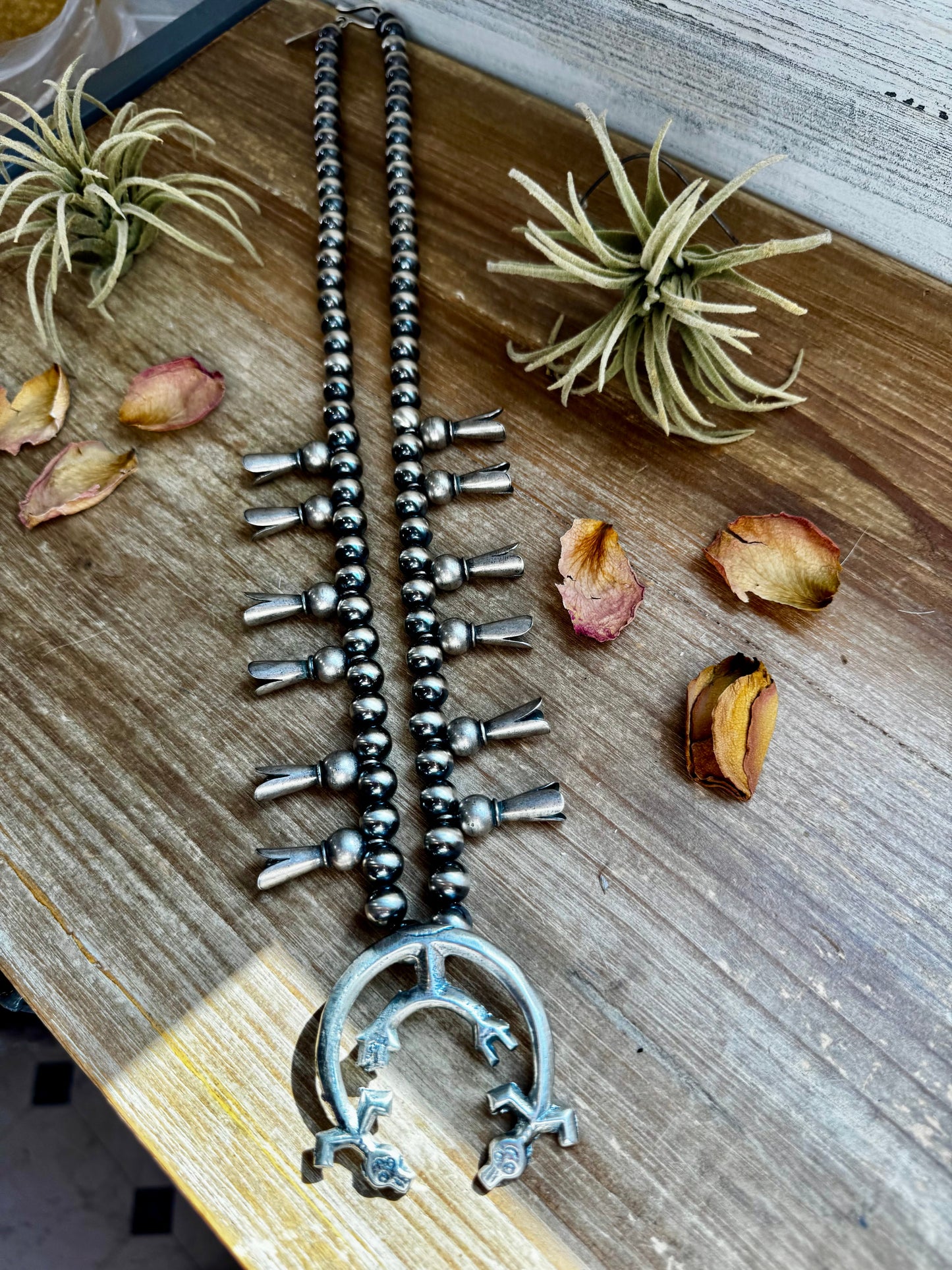 Squash Blossom–Style Necklace – Sterling Silver – 10mm Beads – 30"