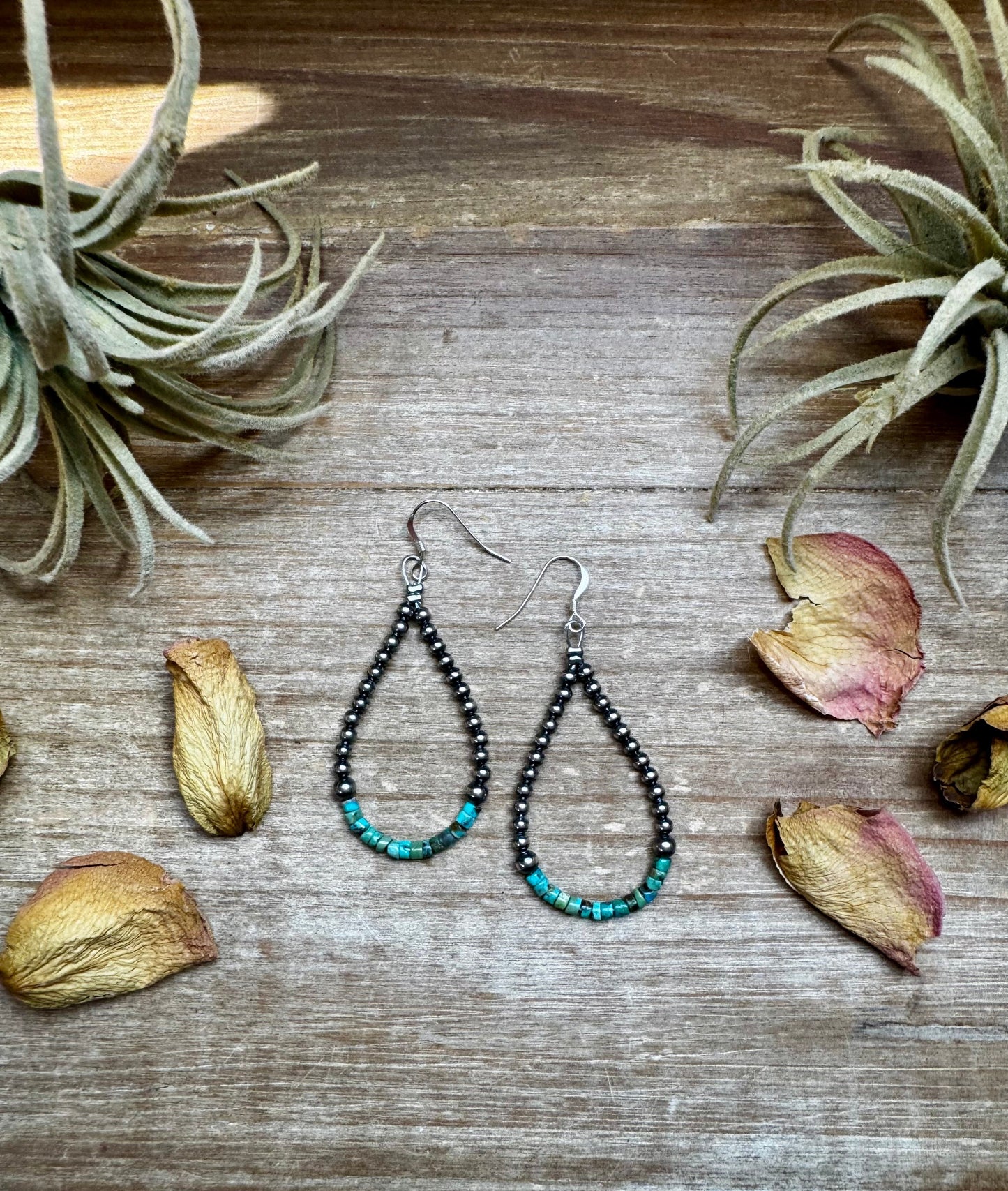 Teardrop Earrings – Sterling Silver Pearl & Blue Turquoise Heishi