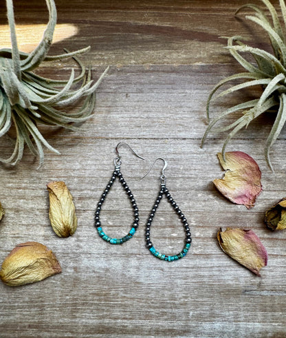 Teardrop Earrings – Sterling Silver Pearl & Blue Turquoise Heishi