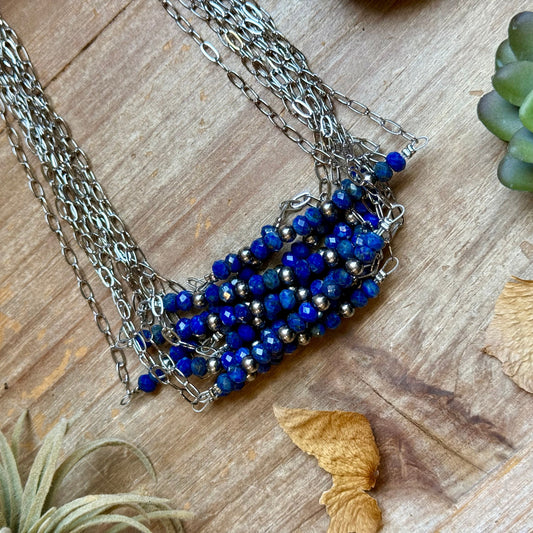 Faceted Lapis & Sterling Silver Pearl Paperclip Necklace