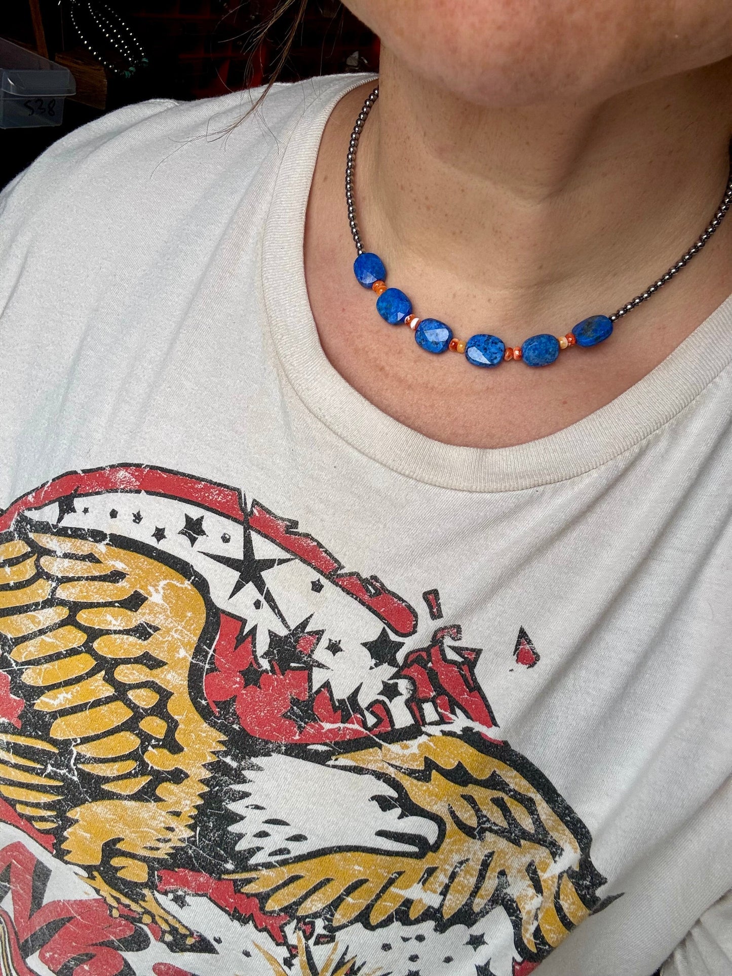 Sterling Silver & Spiny Oyster Choker with Lapis – Summer Necklace
