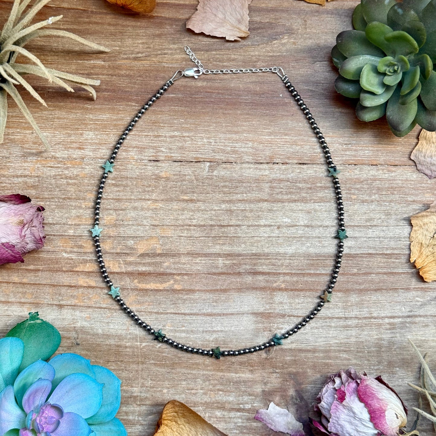 15” African Turquoise Star Necklace – Sterling Silver Pearls