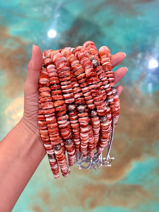 22-Inch Graduated Orange and Red Spiny Oyster & Sterling Silver Pearl Necklace