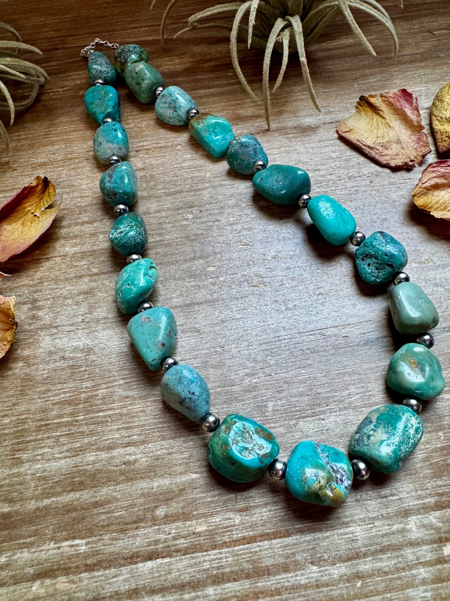 19-Inch Turquoise Nugget Necklace with 4mm Sterling Silver Pearls