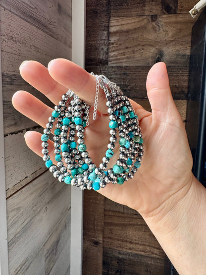 5mm Sterling Silver Pearl & Faceted Turquoise Bracelet