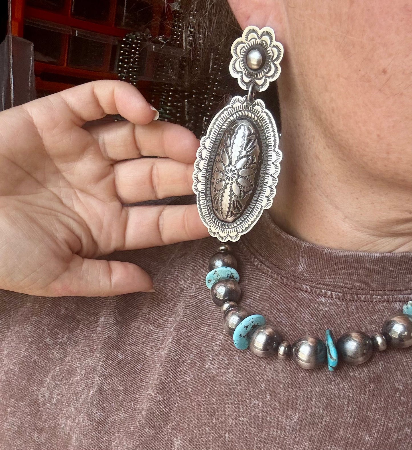 Leander Tahe Sterling Silver Earrings – Post & Dangle Statement with Stamped Detail