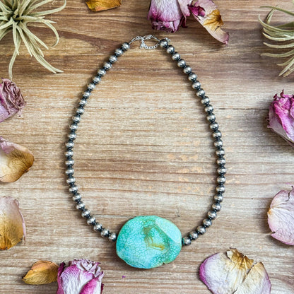 Turquoise Nugget & 8 mm Sterling Silver Pearl Necklace – 17”