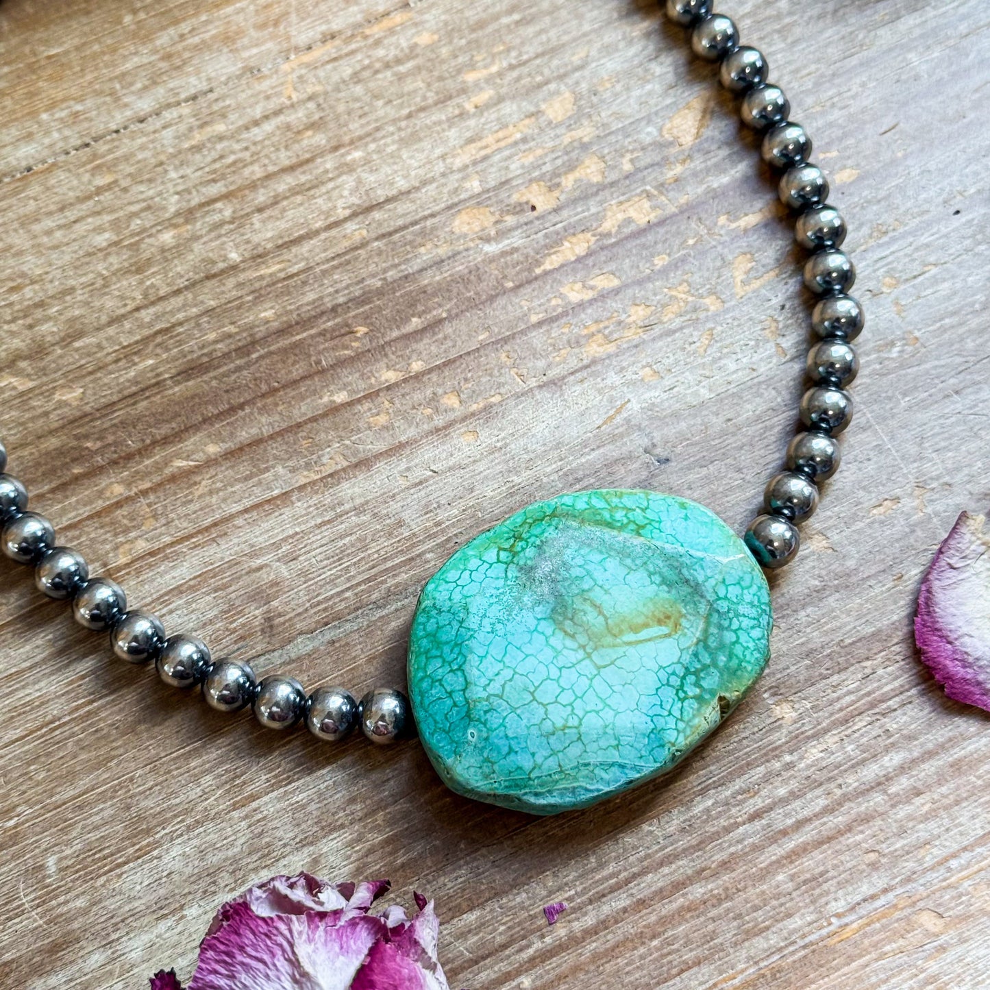 Turquoise Nugget & 8 mm Sterling Silver Pearl Necklace – 17”