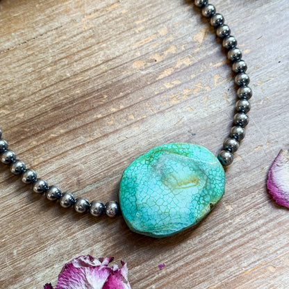 Turquoise Nugget & 8 mm Sterling Silver Pearl Necklace – 17”