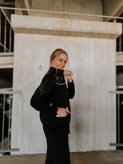 Black Floral Embroidered Zip-Up Sweatshirt