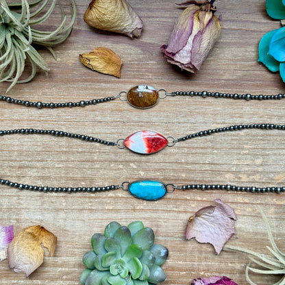 Sterling Silver Stone Choker – 13” + Extender – In-House Silversmithing – Wild Horse, Spiny Oyster or Turquoise – One of a Kind