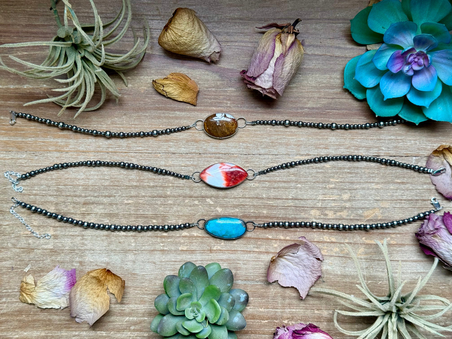 Sterling Silver Stone Choker – 13” + Extender – In-House Silversmithing – Wild Horse, Spiny Oyster or Turquoise – One of a Kind