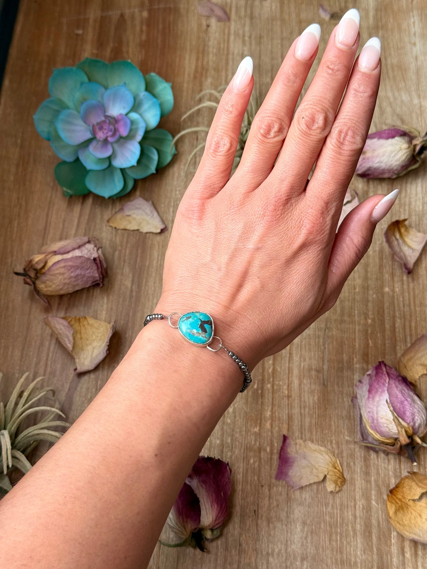 Sterling Silver & Turquoise Bracelet – 6.5” + Extender – 3 mm & 4 mm Pearls