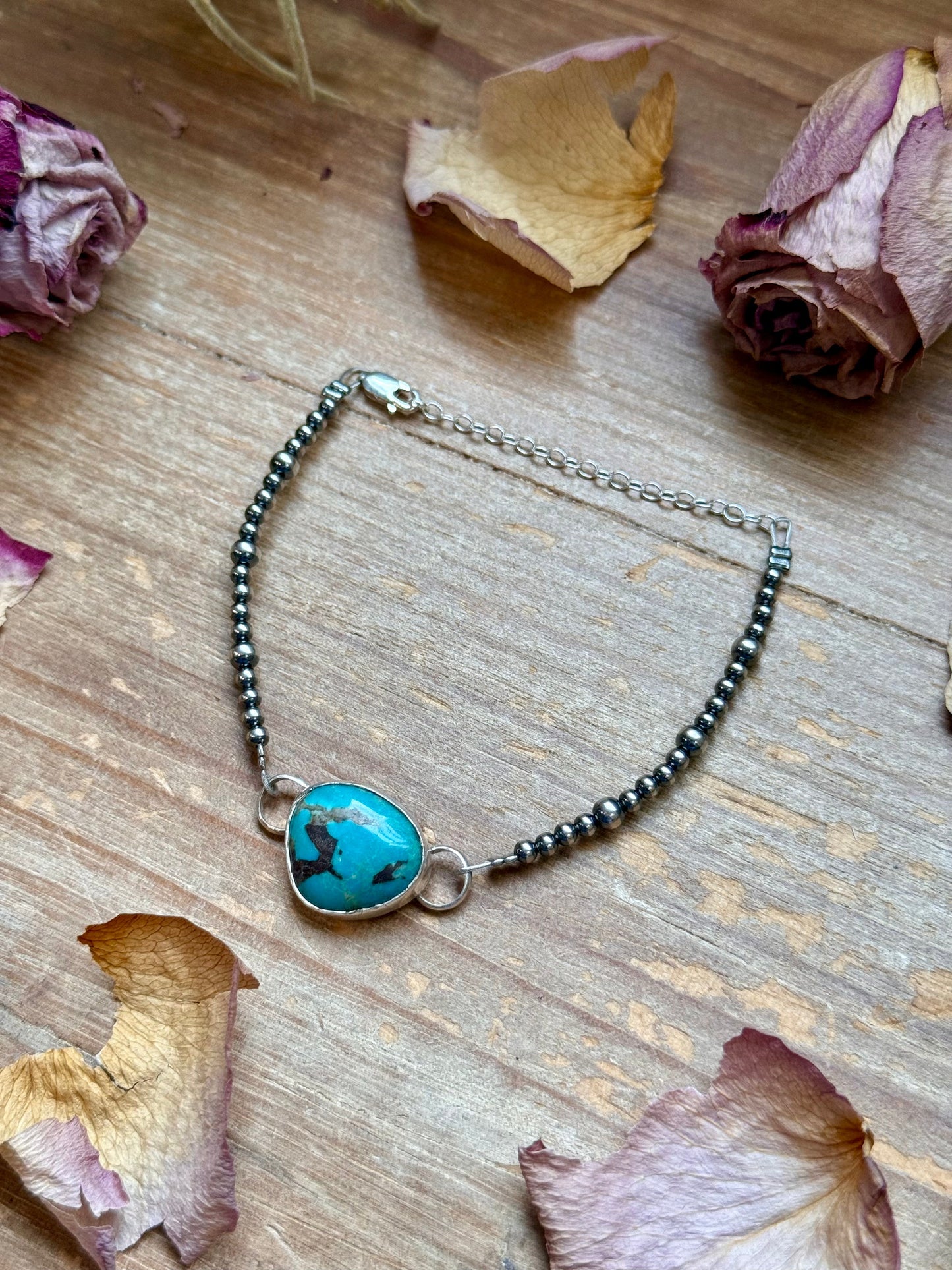 Sterling Silver & Turquoise Bracelet – 6.5” + Extender – 3 mm & 4 mm Pearls