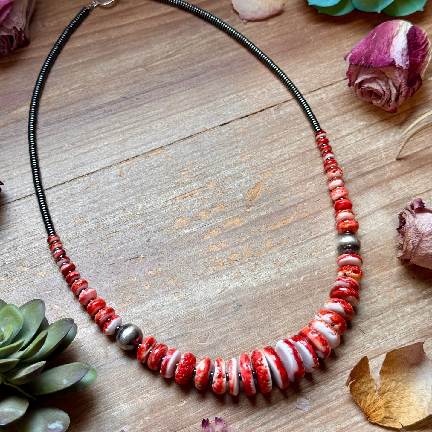 Red Spiny Oyster & Black Hematite Necklace – 23.5”