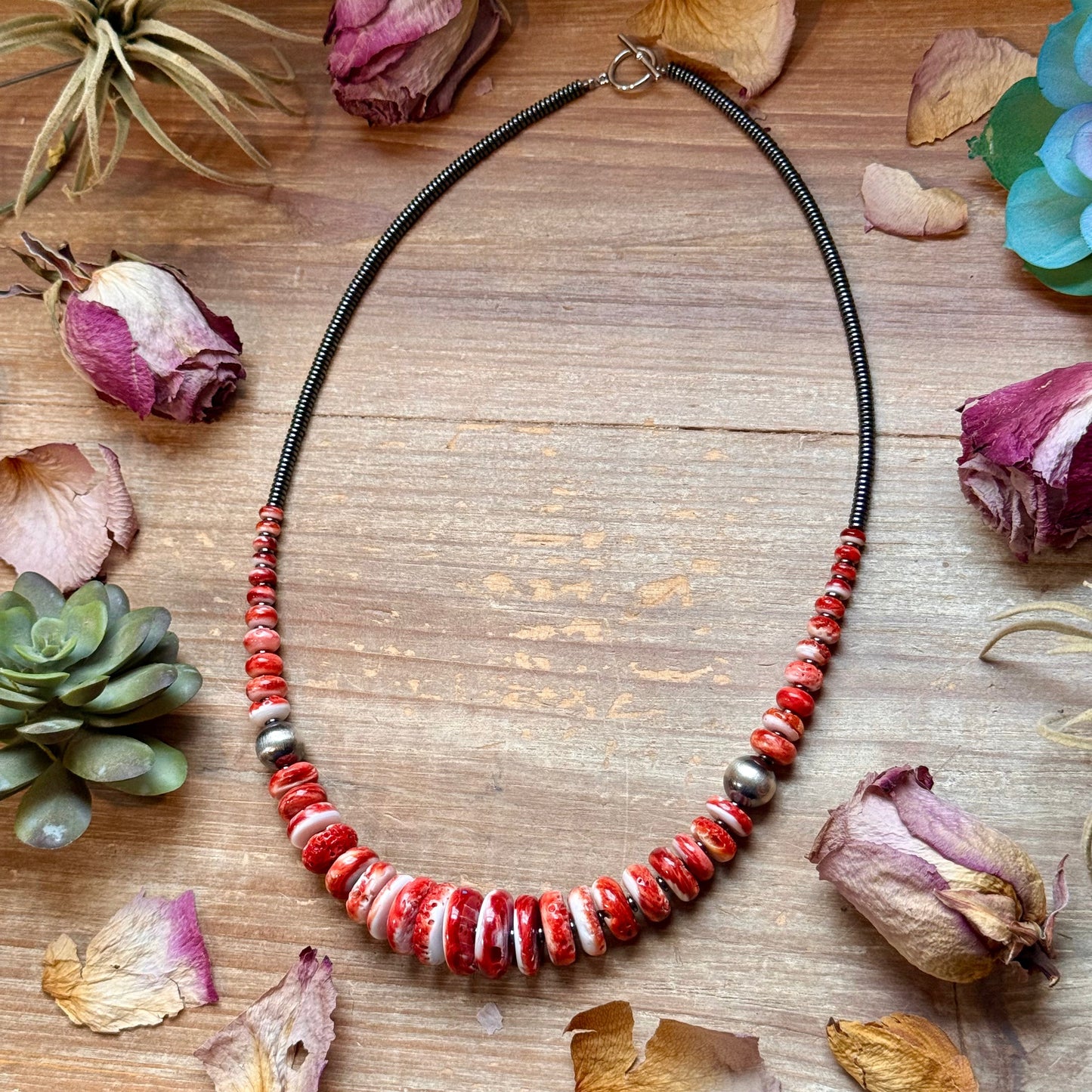 Red Spiny Oyster & Black Hematite Necklace – 23.5”