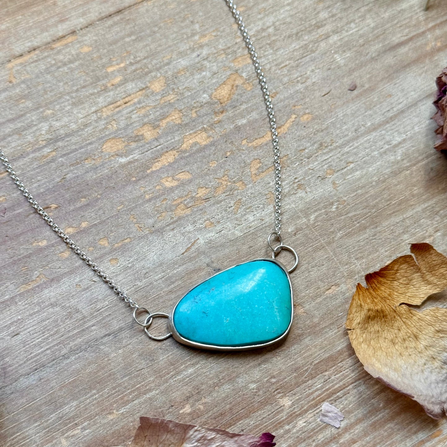 Sterling Silver Chain Necklace with Freeform Turquoise Pendant – 16”