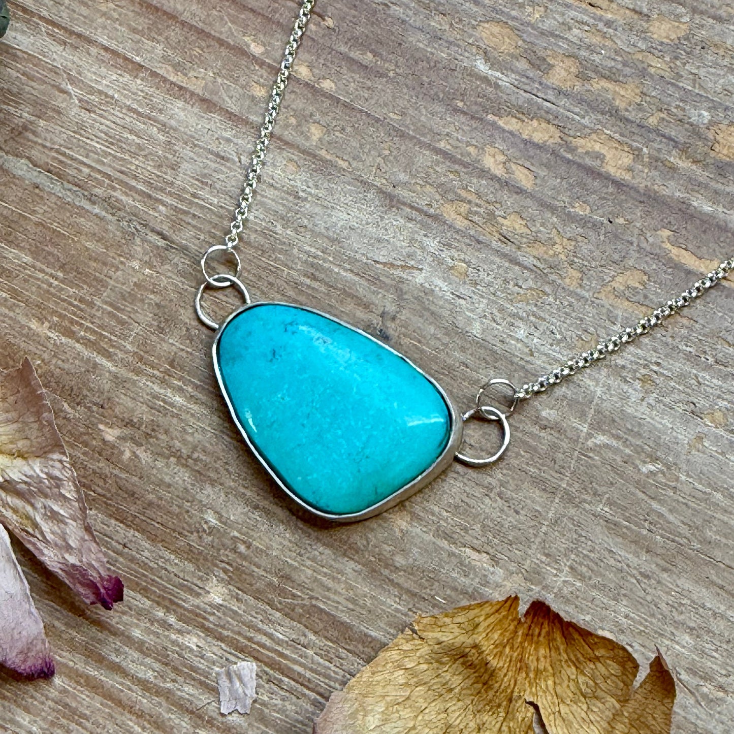 Sterling Silver Chain Necklace with Freeform Turquoise Pendant – 16”