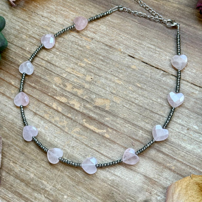 Rose Quartz Heart Seed Bead Choker