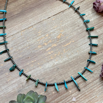 Sterling Silver Pearl & Long Blue Turquoise Necklace – 21”