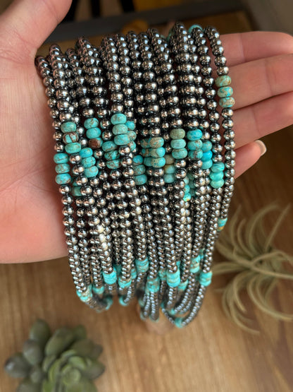 Sterling Silver Pearl Necklace with Turquoise & Variscite Rondelles – 19.5”