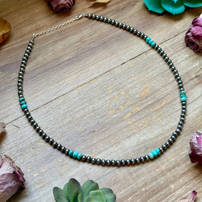 Sterling Silver Pearl Necklace with Turquoise & Variscite Rondelles – 19.5”