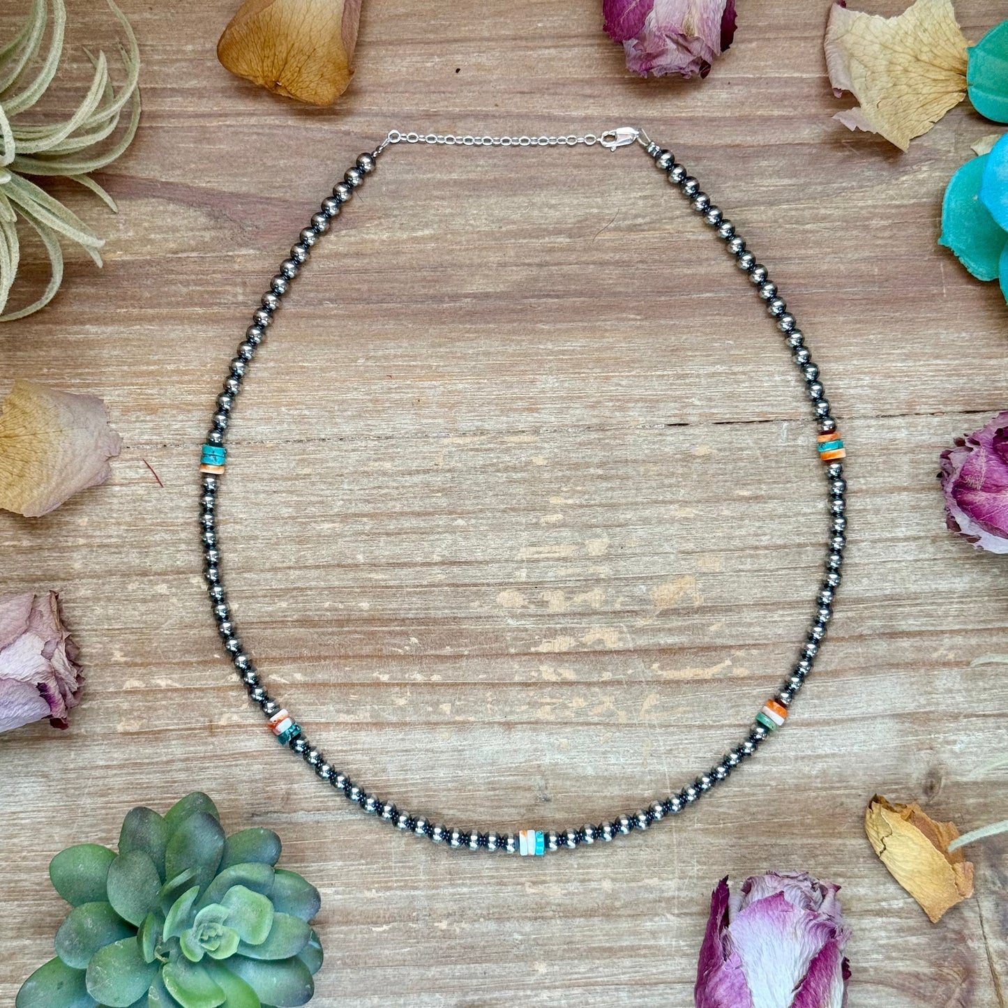 Mixed Turquoise & Spiny Oyster Heishi Necklace – 19”