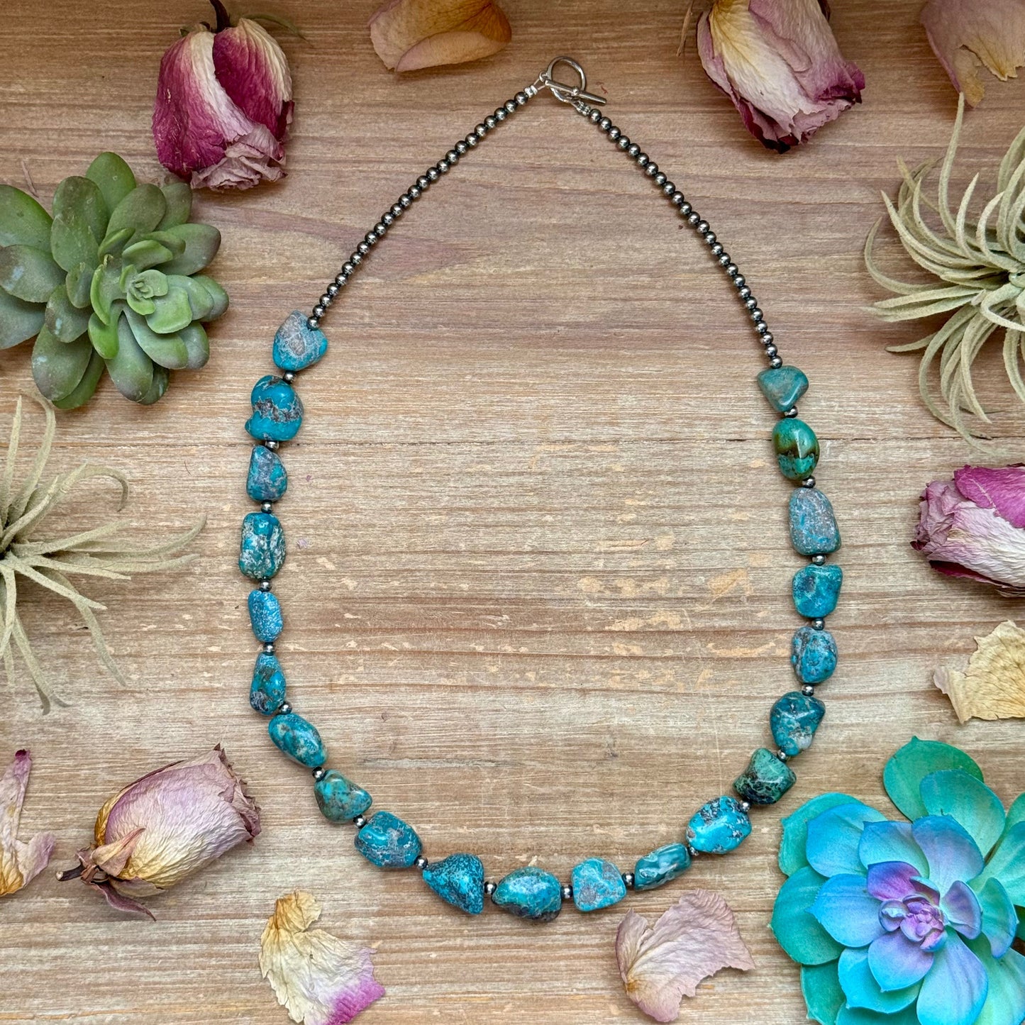 Blue Turquoise Nugget Necklace – Sterling Silver – 24”