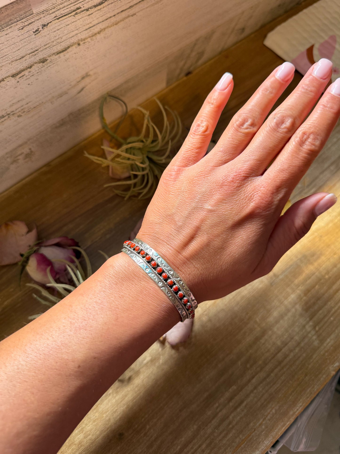 Red Coral Sterling Silver Cuff Bracelet – Stamped JPukestine