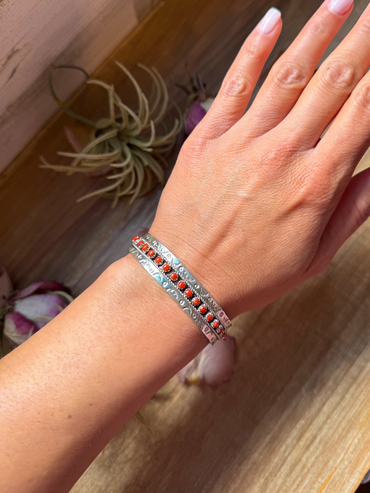 Red Coral Sterling Silver Cuff Bracelet – Stamped JPukestine
