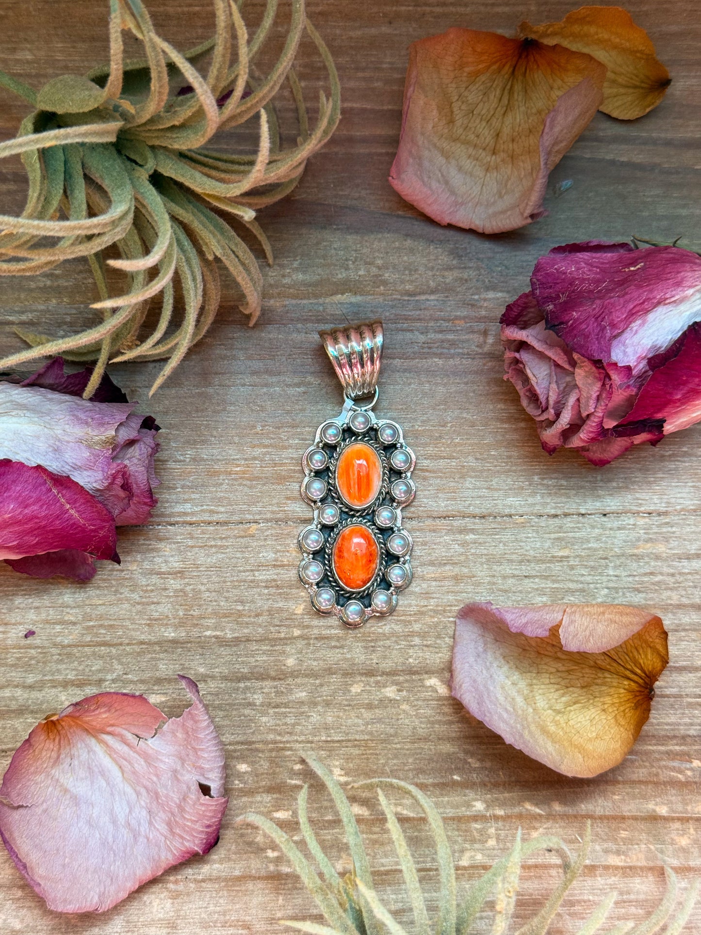Pearl & Orange Spiny Oyster Sterling Silver Pendant