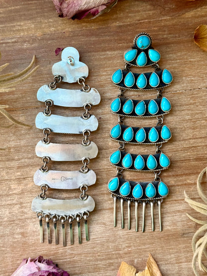 Sterling Silver Kingman Turquoise Dangle Earrings – 5 Inch Statement Design – Native Made by Geraldine James – Navajo Handmade