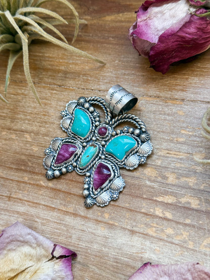 Sterling Silver Butterfly Pendant with Kingman Turquoise & Purple Spiny Oyster – Handmade by Artist Shay Pfeiffer