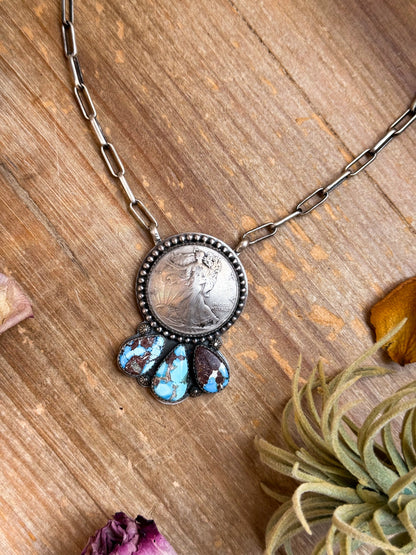 Sterling Silver Liberty Coin Necklace with Golden Hill Turquoise – 16” – 1945 Coin