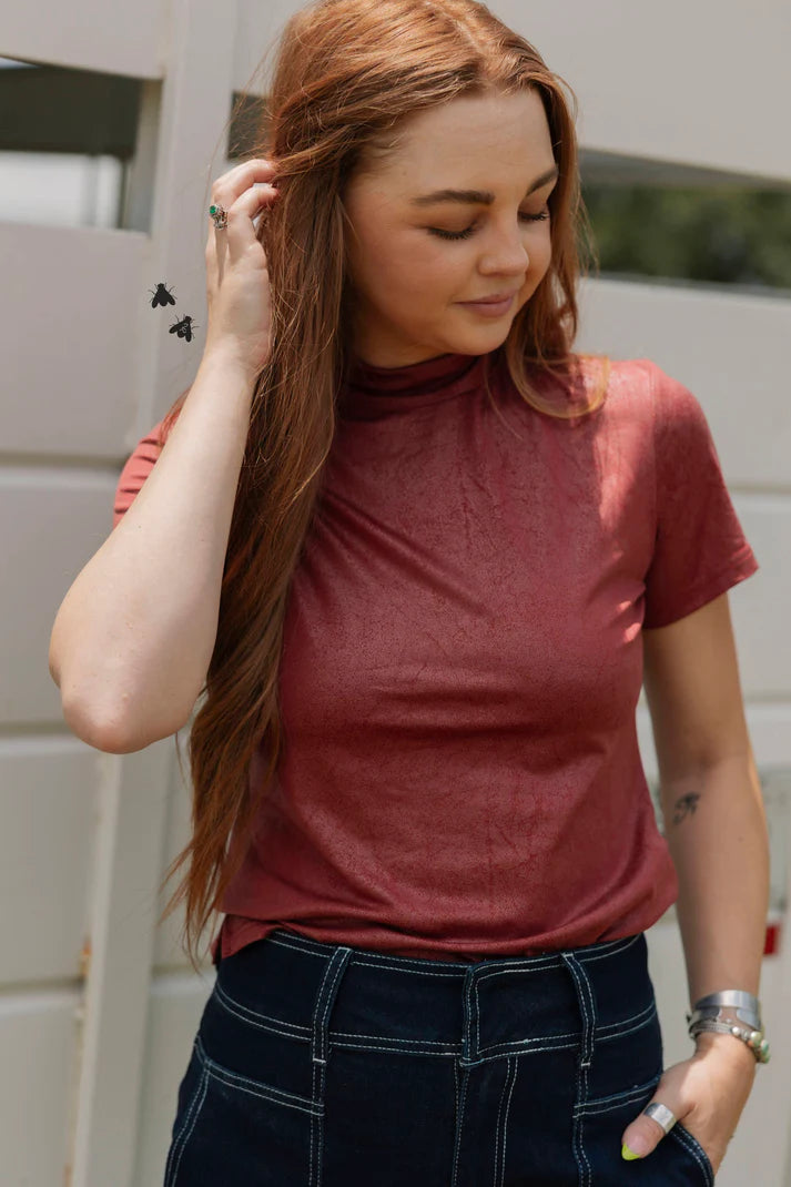 LEATHER FEELZ *BURGUNDY MOCK TEE