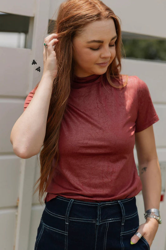 LEATHER FEELZ *BURGUNDY MOCK TEE